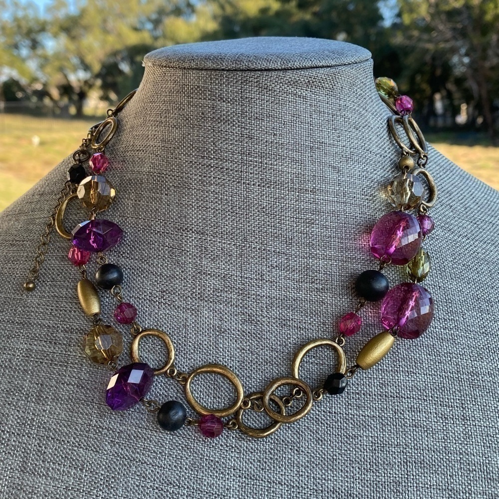 Lia Sophia Necklace Long Beaded Asymmetric Antique Bronze Tone 38”+3”